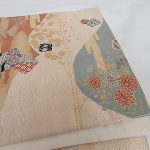 Back Obi Zonowai Landscape Written Gold beige Six -Wall Pattern Pure Silk Formal Kimono Winrings 425cm