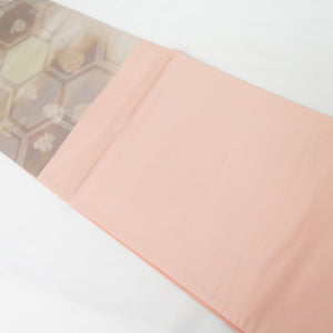 袋帯 亀甲文様 銀桃色 六通柄 正絹 フォーマル 仕立て上がり 着物帯 長さ420cm 美品