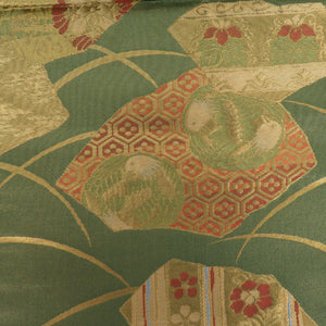 袋帯 芝草に裂取文様 緑色 金糸 六通柄 正絹 フォーマル 仕立て上がり 着物帯 長さ412cm