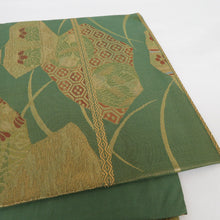 画像をギャラリービューアに読み込む, 袋帯 芝草に裂取文様 緑色 金糸 六通柄 正絹 フォーマル 仕立て上がり 着物帯 長さ412cm