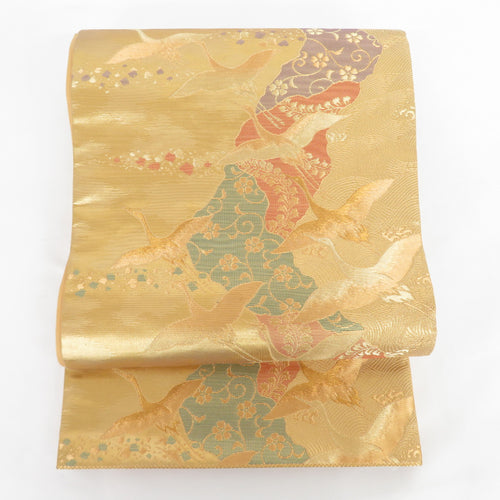 Back Obi Hubizuru and Flowers Popular Gold Gold Six Pass Pure Silk Formal Tailoring Kimono Obi Length 428cm Beautiful goods