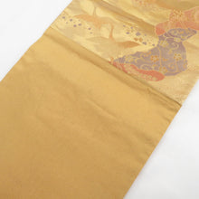 画像をギャラリービューアに読み込む, 袋帯 飛鶴に草花文様 金色 金糸 六通柄 正絹 フォーマル 仕立て上がり 着物帯 長さ428cm 美品