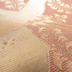 袋帯 飛鶴に草花文様 金色 金糸 六通柄 正絹 フォーマル 仕立て上がり 着物帯 長さ428cm 美品
