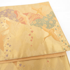 袋帯 飛鶴に草花文様 金色 金糸 六通柄 正絹 フォーマル 仕立て上がり 着物帯 長さ428cm 美品