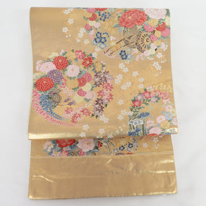 袋帯 花丸文様 金色 金糸 六通柄 正絹 フォーマル 仕立て上がり 着物帯 長さ444cm