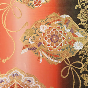 袋帯 唐草 花鳥文様 茶橙色 金糸 グラデーション 六通柄 正絹 フォーマル 仕立て上がり 着物帯 長さ420cm 美品