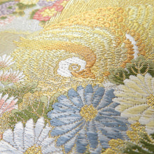 画像をギャラリービューアに読み込む, 袋帯 孔雀に花文様 クリーム色 六通柄 正絹 金糸 銀糸 フォーマル 仕立て上がり 着物帯 長さ440cm 美品