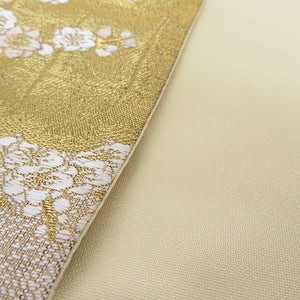 袋帯 孔雀に花文様 クリーム色 六通柄 正絹 金糸 銀糸 フォーマル 仕立て上がり 着物帯 長さ440cm 美品