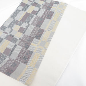 袋帯 市松に桜文様 グレー色 六通柄 正絹 銀糸 フォーマル 仕立て上がり 着物帯 長さ447cm