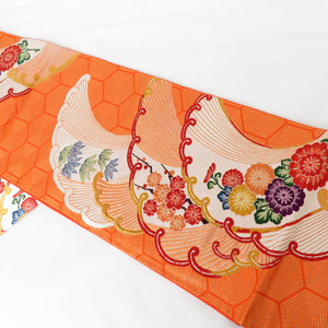 袋帯 竹梅に菊 橙色 六通柄 正絹 金糸 フォーマル 仕立て上がり 着物帯 