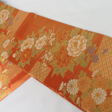 Load image into Gallery viewer, Back Obi Saga Nishiki Kikikiku peony Camellia Orange Six -handed Pure Silk Kinjin Formal Tailoring Kimono Bear length 432cm Beautiful goods