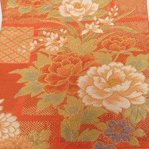Back Obi Saga Nishiki Kikikiku Ban Tsubaki Orange Six -Pattern Pure Silk Kinjin Formal Tailoring Kimono Bear length 432cm Beautiful goods