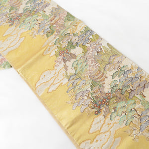 袋帯 建物風景 金色 六通柄 正絹 金糸 フォーマル 仕立て上がり 着物帯 長さ424cm 美品