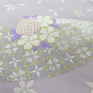 袋帯 桜に花笠 正絹 紫色 金糸 六通柄 正絹 フォーマル 未仕立て品 着物帯 長さ456cm