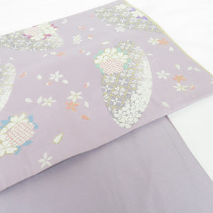 袋帯 桜に花笠 正絹 紫色 金糸 六通柄 正絹 フォーマル 未仕立て品 着物帯 長さ456cm