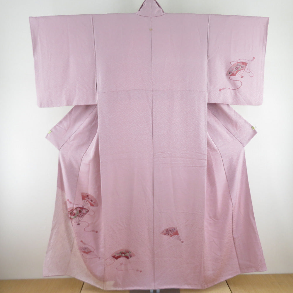 訪問着 絞り 扇子文様 紫色 正絹 袷 広衿 一つ紋 セミフォーマル 仕立て上がり 身丈155cm