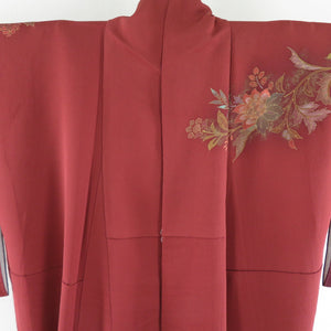 訪問着 花鳥唐草文 箔 袷 広衿 正絹 赤茶色 紋なし着物 仕立て上がり 身丈169cm 美品