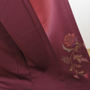 訪問着 花鳥唐草文 箔 袷 広衿 正絹 赤茶色 紋なし着物 仕立て上がり 身丈169cm 美品