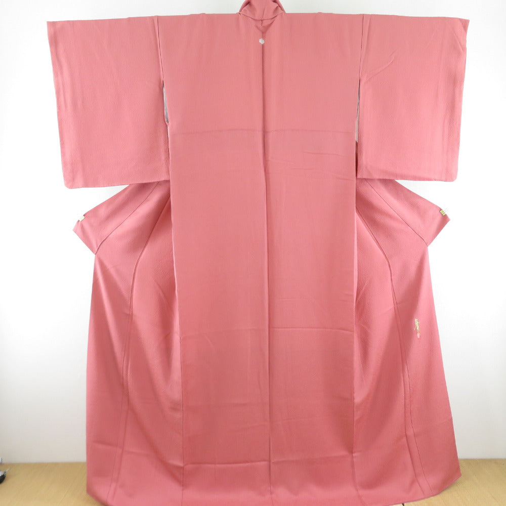 色無地 膨れ 袷 広衿 赤桃色 正絹 一つ紋 落款付 五三桐 セミフォーマル 仕立て上がり着物 身丈169cm 美品