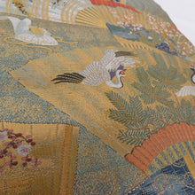 Load image into Gallery viewer, Back Obi Pure Silk Tokugawa Museum of Art Museum Hyakuraku Hundred Fan 24 Gold Platinum Mie Foil All Blue Golden Gold Thread Formar