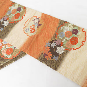 袋帯 唐織 雪輪に花 正絹 グラデーション 橙色 ベージュ 金糸 六通柄 正絹 フォーマル 仕立て上がり 着物帯 長さ424cm 美品