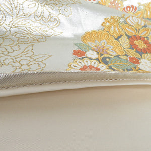 袋帯 七宝花鳥文 正絹 銀色 金糸 六通柄 正絹 フォーマル 仕立て上がり 着物帯 長さ437cm 美品