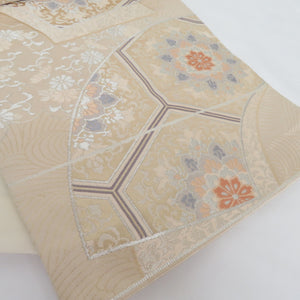 袋帯 扇面文 正絹 ベージュ色 金糸 六通柄 正絹 フォーマル 仕立て上がり 着物帯 長さ437cm