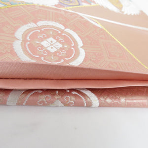 袋帯 向い鶴に蜀江文 正絹 桃色 金糸 六通柄 正絹 フォーマル 仕立て上がり 着物帯 長さ430cm