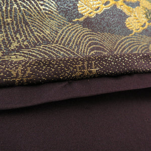 袋帯 本金箔 松に鶴 正絹 濃紫色 金糸 六通柄 正絹 フォーマル 仕立て上がり 着物帯 長さ440cm 美品