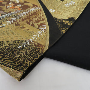 袋帯 四季草花 正絹 黒金色 金糸 六通柄 正絹 フォーマル 仕立て上がり 着物帯 長さ420cm