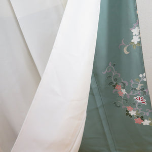 色留袖 向い花鳥文 正絹 剣片喰 五つ紋 比翼付 緑色 袷 広衿 礼装 フォーマル 仕立て上がり 身丈159cm