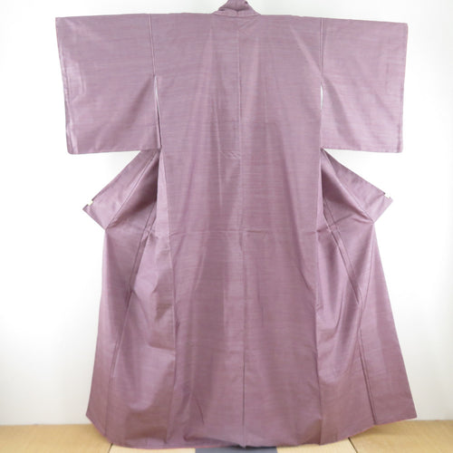 紬 着物 横縞 織り文様 袷 広衿 紫色 正絹 カジュアル着物 仕立て上がり 身丈161cm 美品