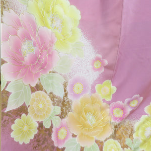 振袖 襦袢セット 箔 牡丹に桜 正絹 袷 広衿 桃色 成人式 卒業式 フォーマル 仕立て上がり 着物 身丈170cm