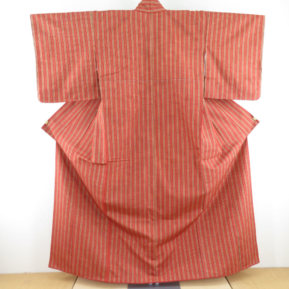 紬 着物 縞文様 袷 広衿 赤色 正絹 カジュアル着物 仕立て上がり【中古