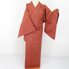 Load image into Gallery viewer, Tsumugi kimono striped pattern Lined collar red pure silk casual kimono tailoring height 159cm
