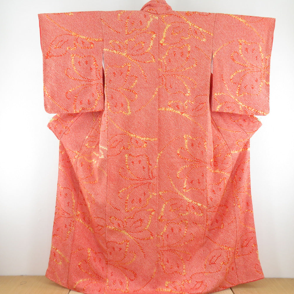 小紋 総絞り 蝶々 正絹 橙色 袷 広衿 カジュアル 仕立て上がり着物 身丈161cm
