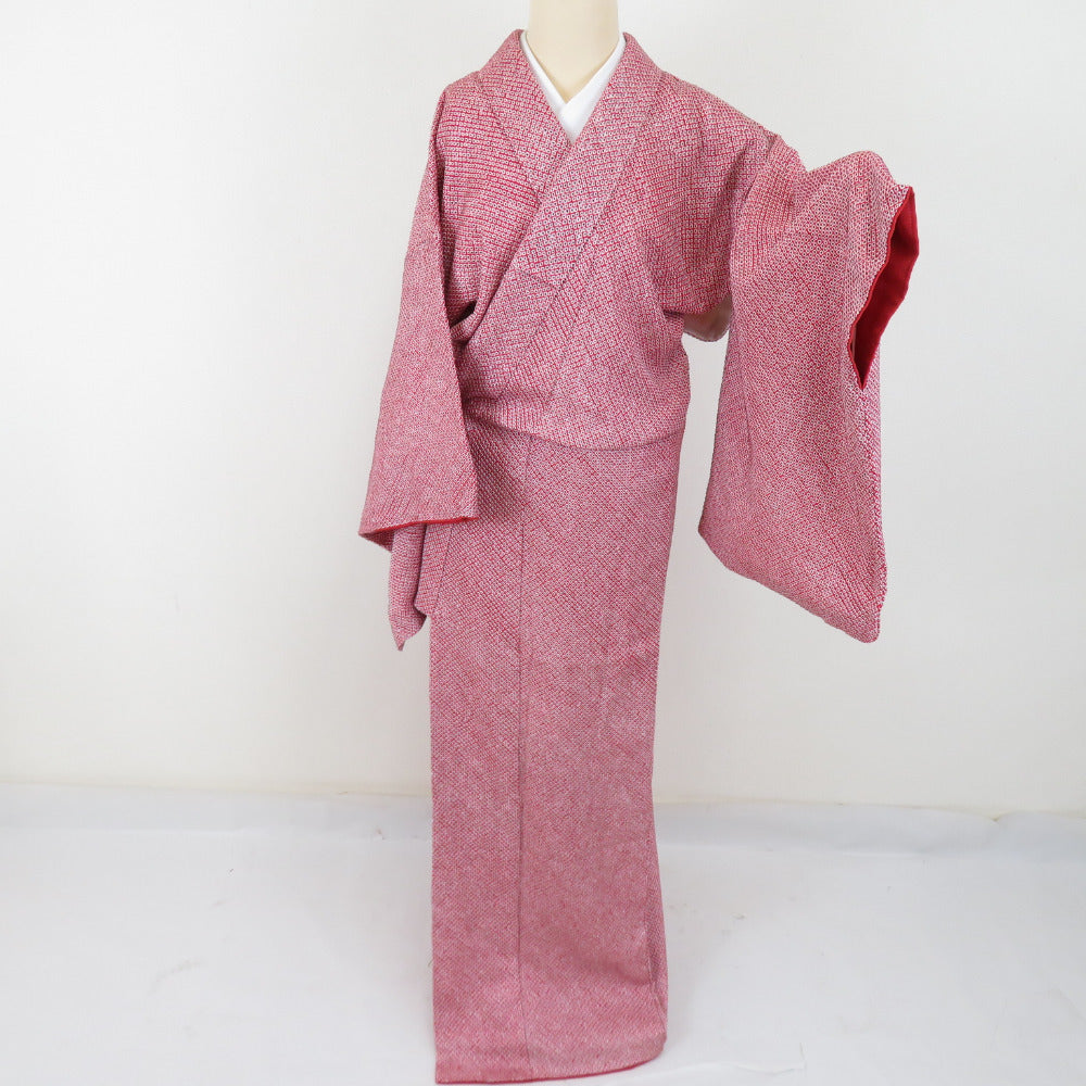 小紋 総絞り 正絹 赤色 袷 広衿 カジュアル 仕立て上がり着物【中古 