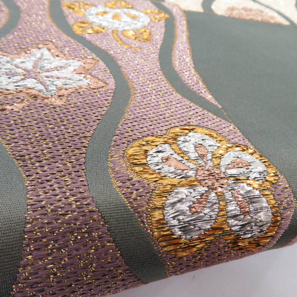 正絹　六通柄　袋帯　輪奈織　葡萄唐草　軽量帯　グレー紫×灰白×燻した金糸