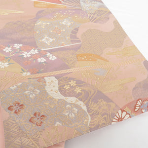 袋帯 扇子に花 正絹 金糸 桃紫色 六通柄 正絹 フォーマル 仕立て上がり 