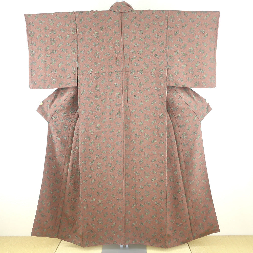 小紋 正絹 縮緬 糸巻文様 袷 広衿 茶色 カジュアル着物 仕立て上がり 身丈155cm 中古
