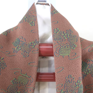 小紋 正絹 縮緬 糸巻文様 袷 広衿 茶色 カジュアル着物 仕立て上がり 身丈155cm 中古