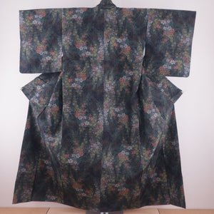紬 正絹 草花 袷 広衿 黒茶色 カジュアル着物 仕立て上がり 身丈157cm 中古