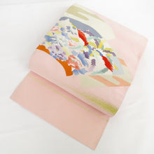 Load image into Gallery viewer, Nagoya Obi Pure Silk Book Spirit Fan Soul Park Bird Pink Pink Taiko Taiko Pattern Square Binder Spelled Obi Box Length: 355cm Tailed Length 355cm Used