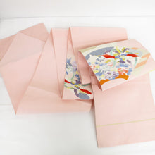 Load image into Gallery viewer, Nagoya Obi Pure Silk Book Spirit Fan Soul Park Bird Pink Pink Taiko Taiko Pattern Square Binder Spelled Obi Box Length: 355cm Tailed Length 355cm Used