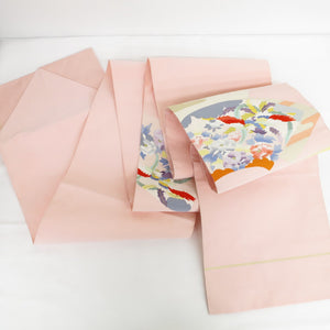 Nagoya Obi Silk Book Sliper Fan Shaku Bird Pink Pink Taiko Taiko Pattern Spelled Ball Box Box Length: 355cm Tailed Length 355cm Used