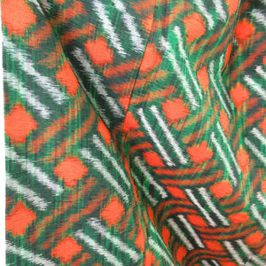 紬 網目 袷 広衿 正絹 緑×橙 身丈約(4尺1寸8分)159cm カジュアル着物 仕立て上がり 美品