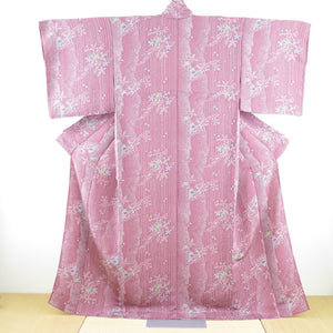 小紋 ピンク紫色 匹田柄 縦縞調 紅葉 花 単衣 広衿 正絹 カジュアル着物 仕立て上がり 身丈162.8cm 美品