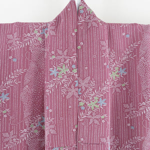 小紋 ピンク紫色 匹田柄 縦縞調 紅葉 花 単衣 広衿 正絹 カジュアル着物 仕立て上がり 身丈162.8cm 美品