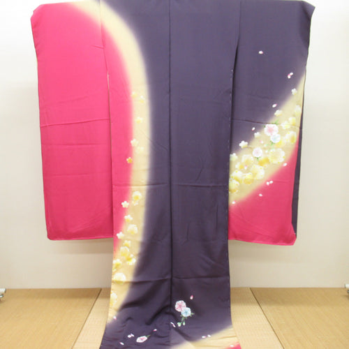 Kimono temporary picture wing unused goods Tango chin -lined pure silk purple yellow pink blur cherry blossoms pure silk adult ceremony graduation ceremony unused kimonos