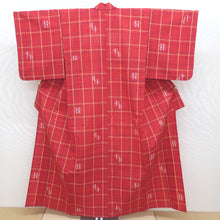 Load image into Gallery viewer, Wool kimono lattice single clothes Hiroki body length about (4-scale 2 dimensions 0 minutes) 159.6 cm red casual cracketable and used